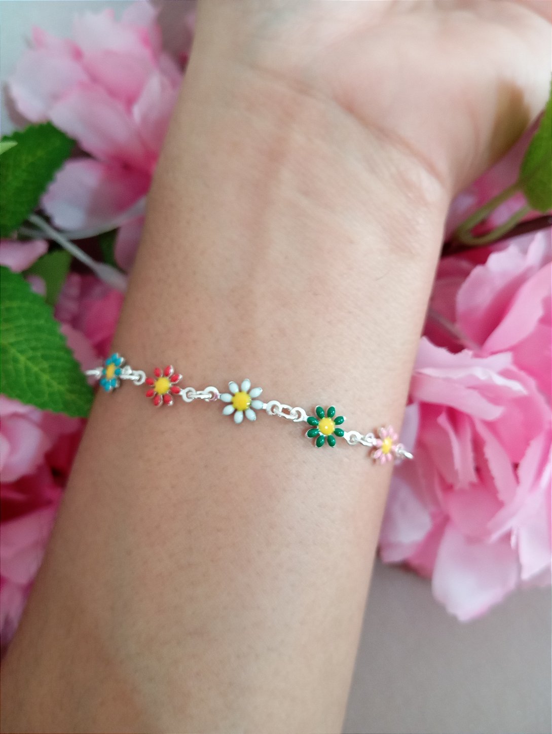 Pulseira 5 Margaridas Coloridas Prata 925