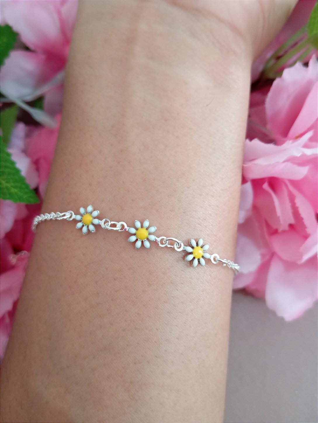 Pulseira 3 Margaridas Brancas Prata 925