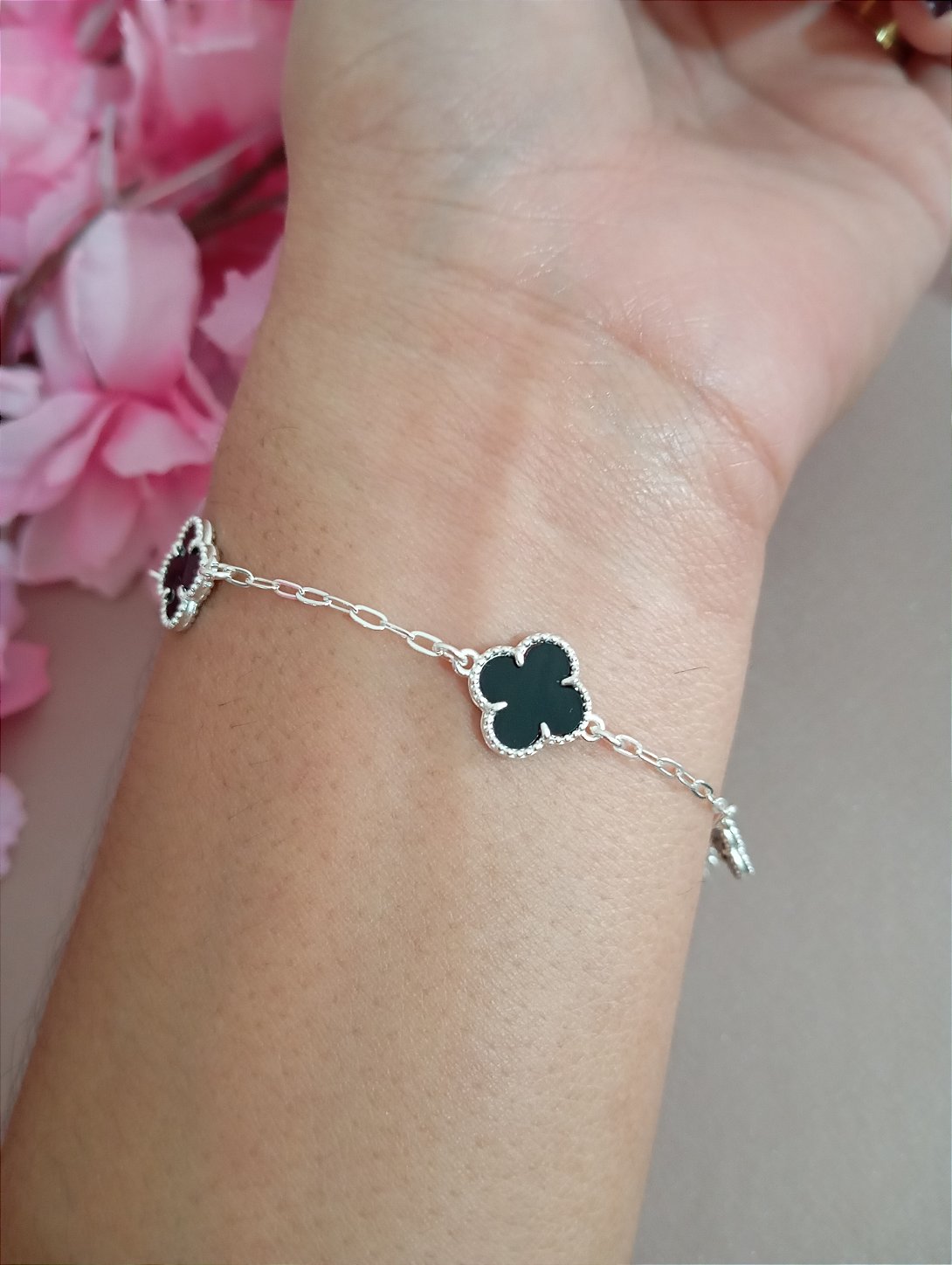 Pulseira Trevo Preto Prata 925