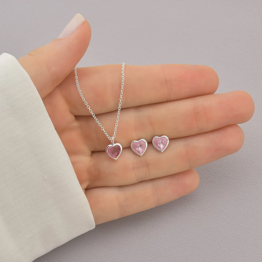 Conjunto Coração Rosa Prata 925