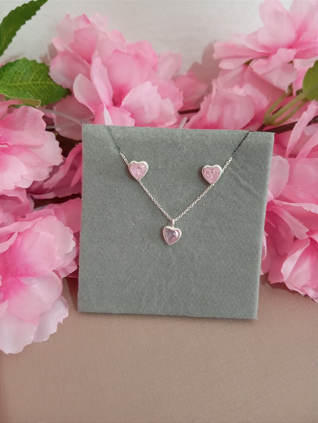 Conjunto Coração Rosa Prata 925
