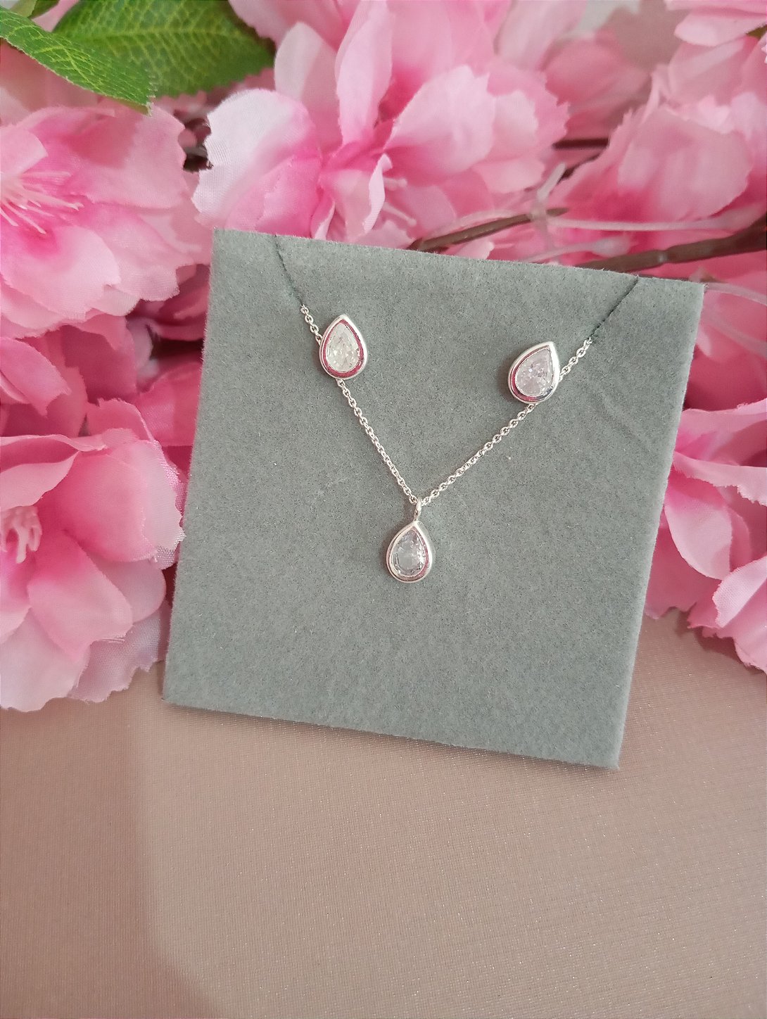 Conjunto Gota Cristal Prata 925