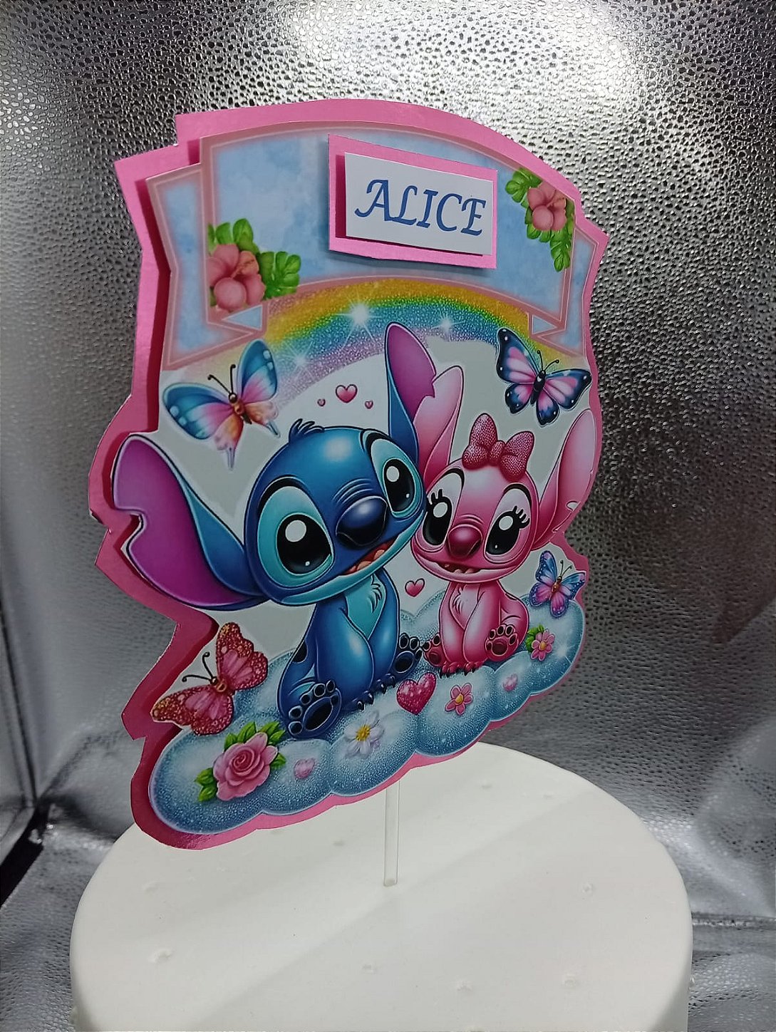 Topo de Bolo Stitch e Angel Personalizado