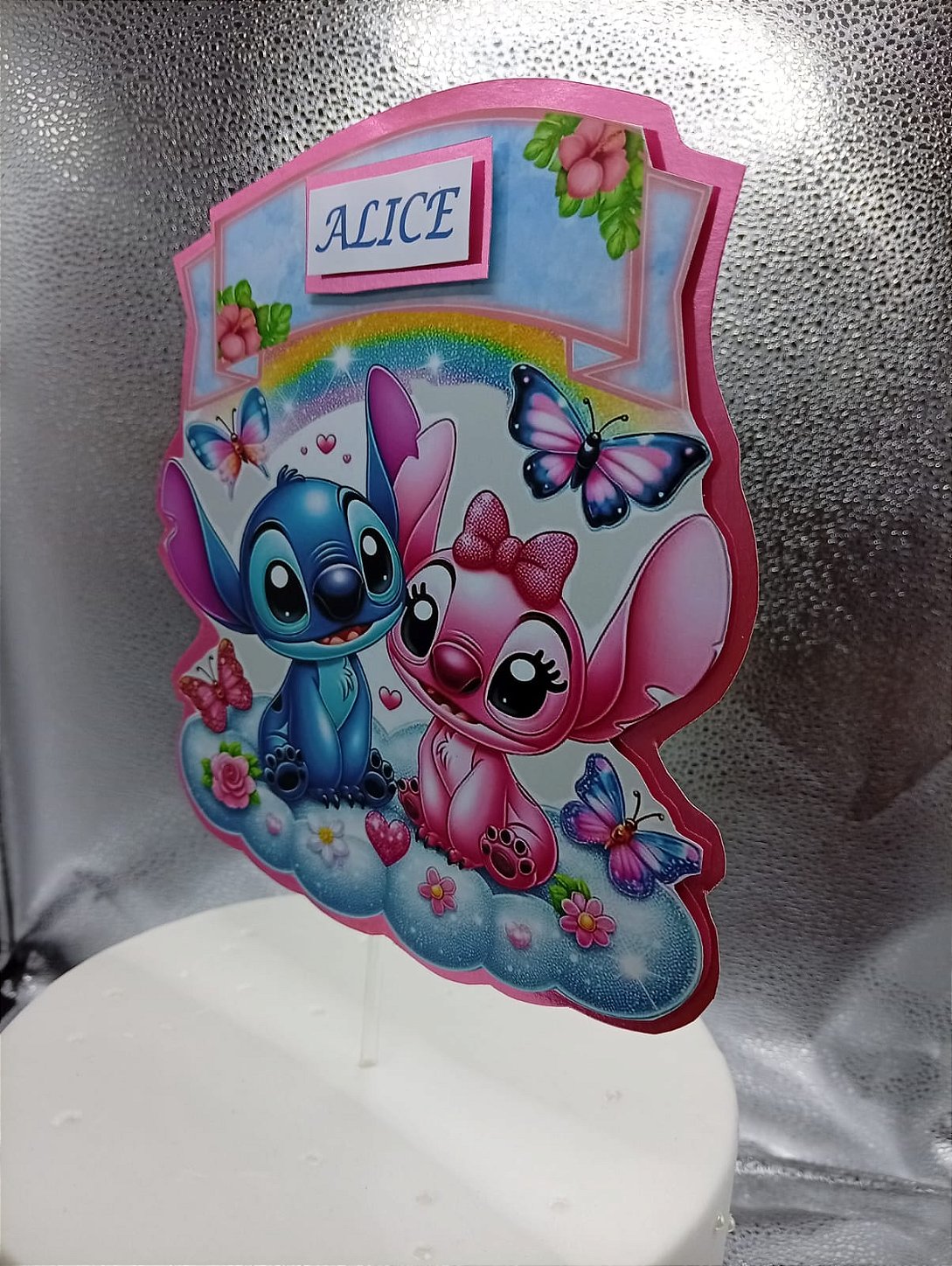 Topo de Bolo Stitch e Angel Personalizado