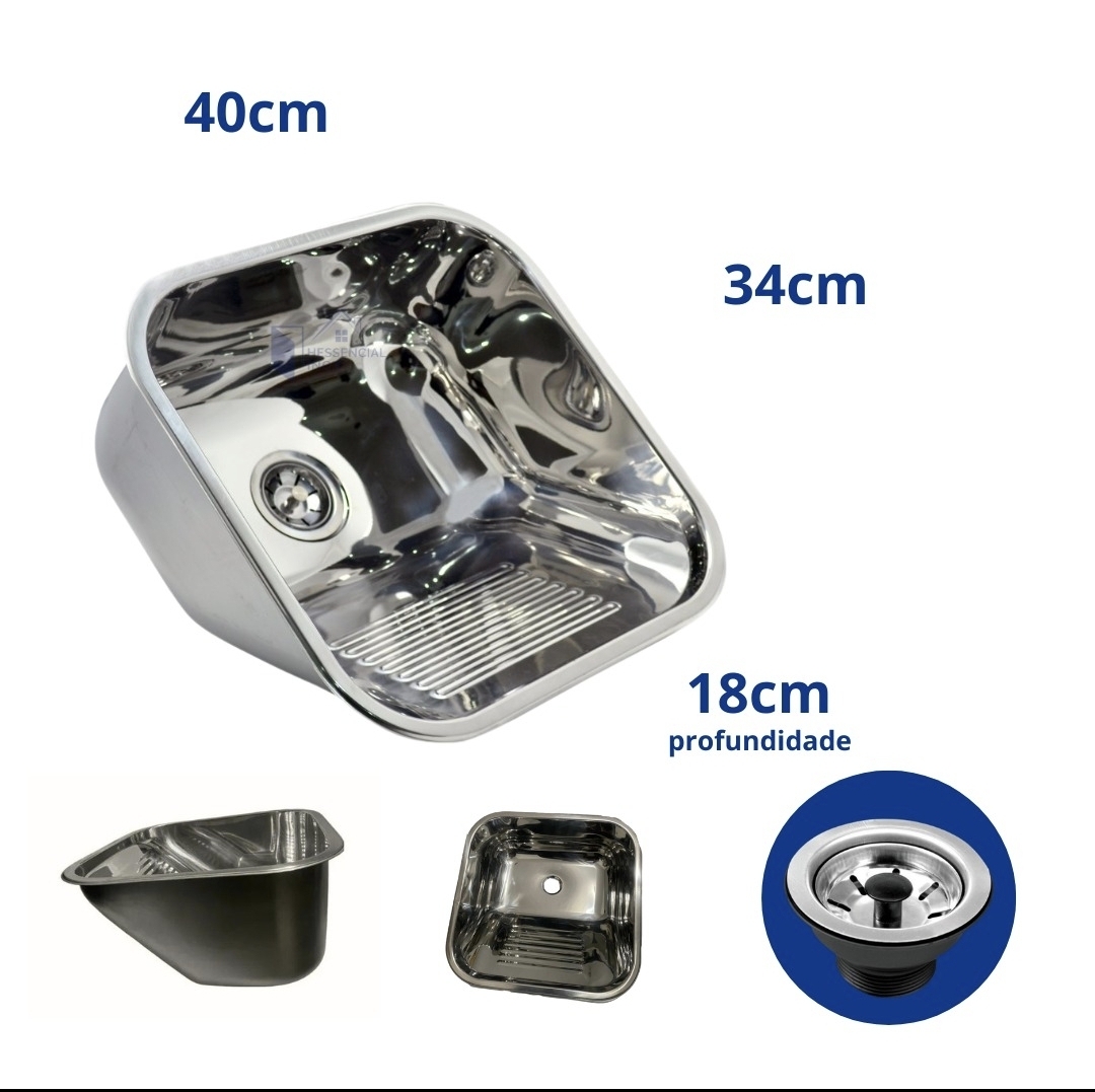 Tanque de Lavanderia em Aço Inox 304 40x34x18cm — Sobrepor ou Embutir com Válvula e Sifão