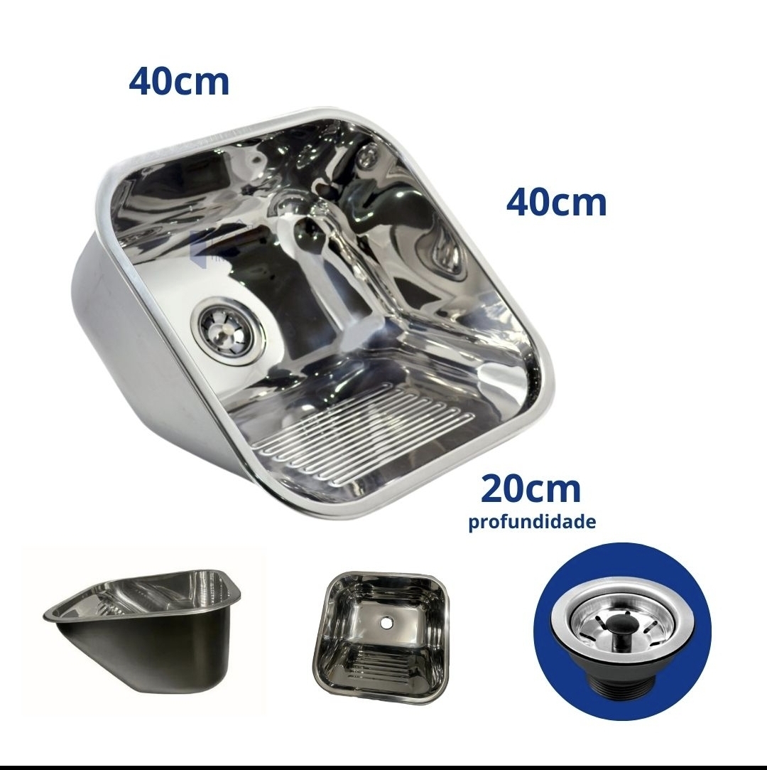Tanque de Lavanderia em Aço Inox 304 40x40x20cm — Sobrepor ou Embutir com Válvula e Sifão