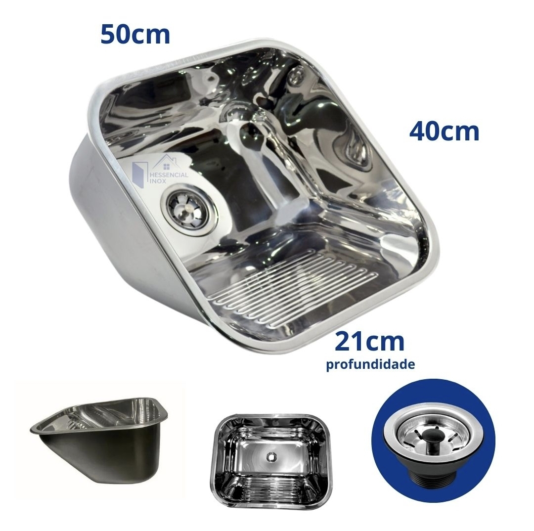 Tanque de Lavanderia em Aço Inox 304 50x40cm — Sobrepor ou Embutir com Válvula e Sifão