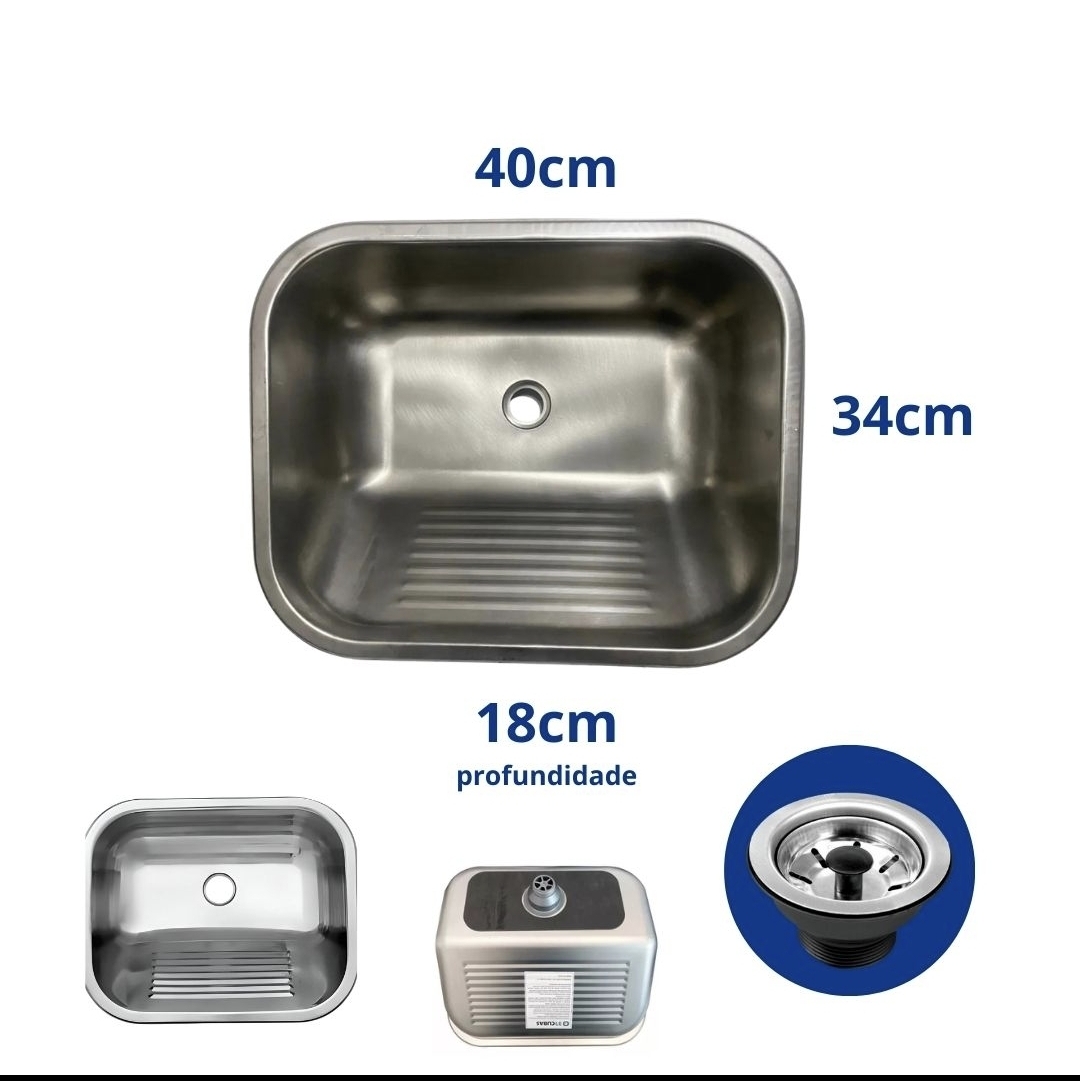 Tanque de Lavanderia em Aço Inox 304 40x34x18cm — Sobrepor ou Embutir com Válvula e Sifão