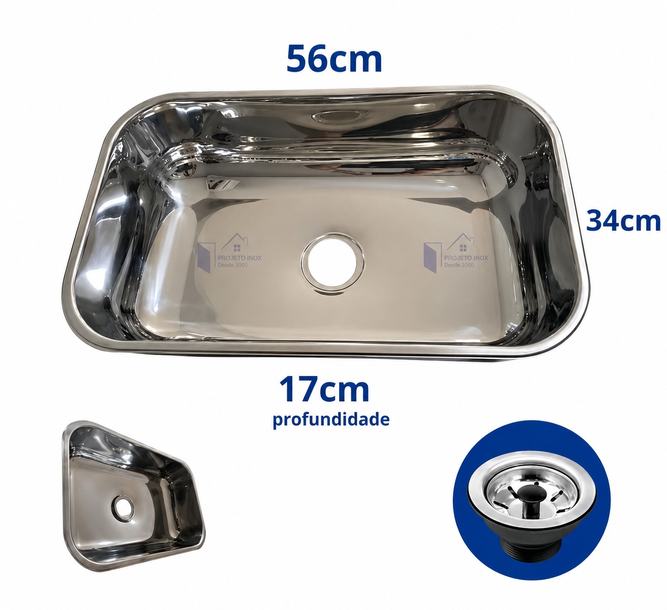 Cuba N2 56x34x17cm em Aço Inox Polida - Com Válvula e Sifão