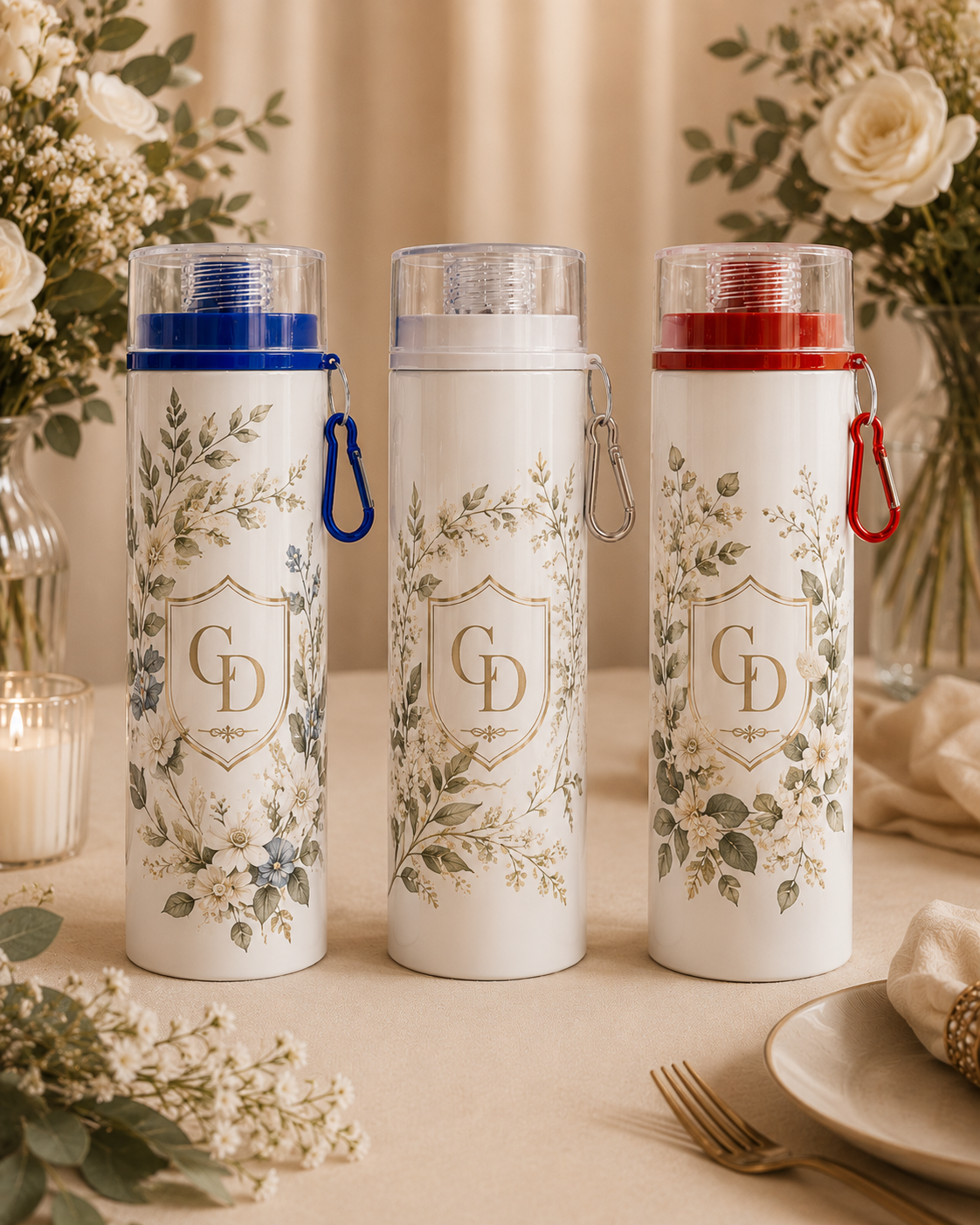 Garrafa de Alumínio Branco 600ml com Tampa e Mosquetão Colorido