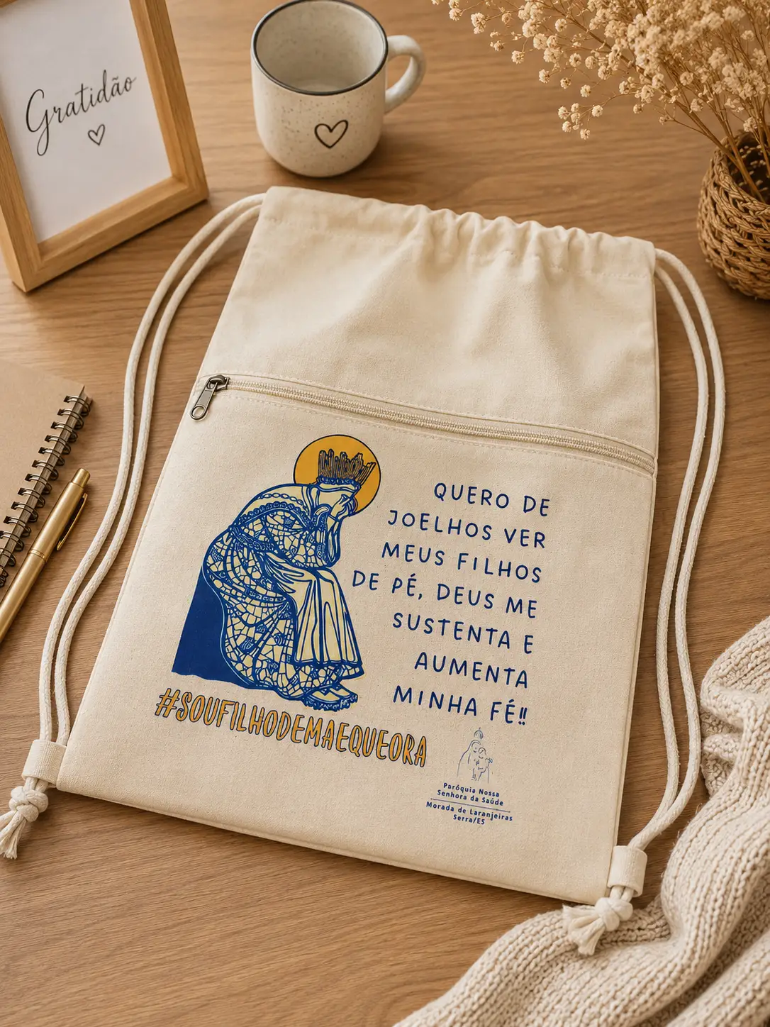 Mochila Saco Personalizada em Algodão Cru com Bolso Frontal