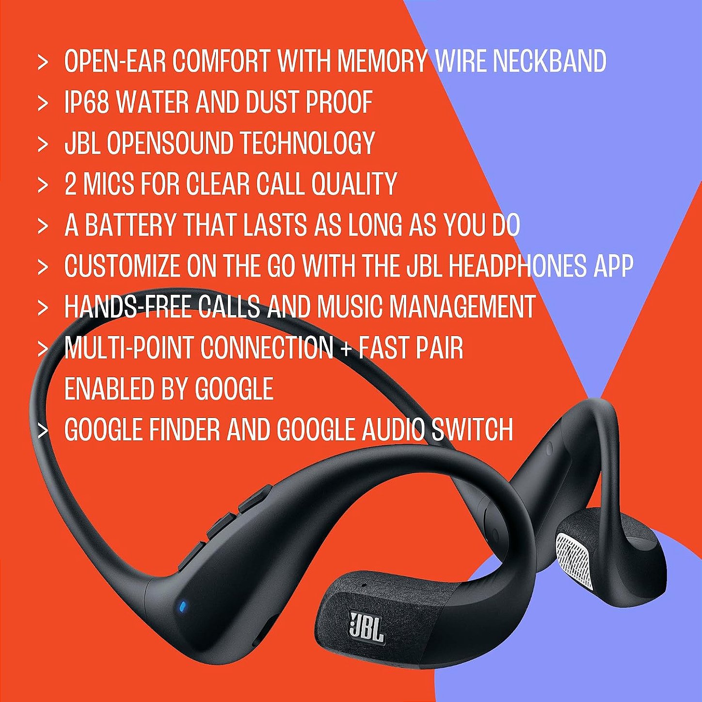 JBL Endurance Pace – Fones de ouvido esportivos de orelha aberta com fita de memória, à prova d'água e à prova de poeira (IP68), 2 microfones formadores de feixe, até 10 horas de música, chamadas
