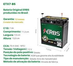 Bateria Moto Erbs Premium 1 Ano Garantia ETX7BS 12V 7AH.