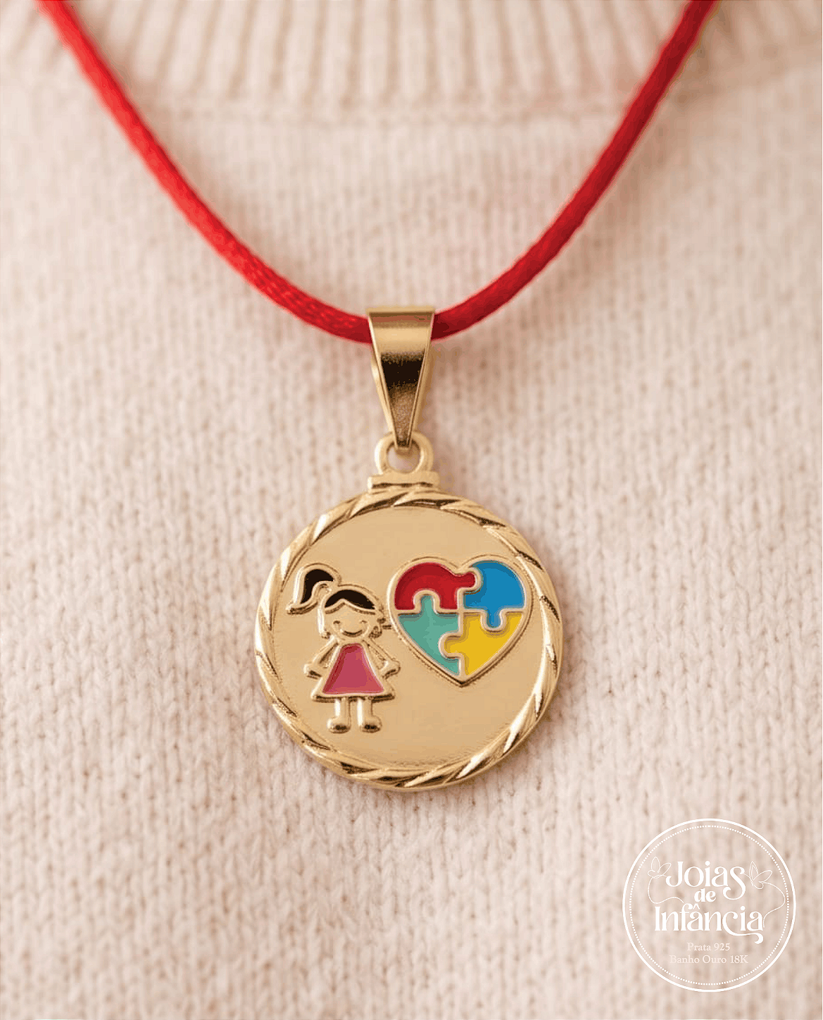 Colar vermelho menina símbolo do autismo banho ouro 18k