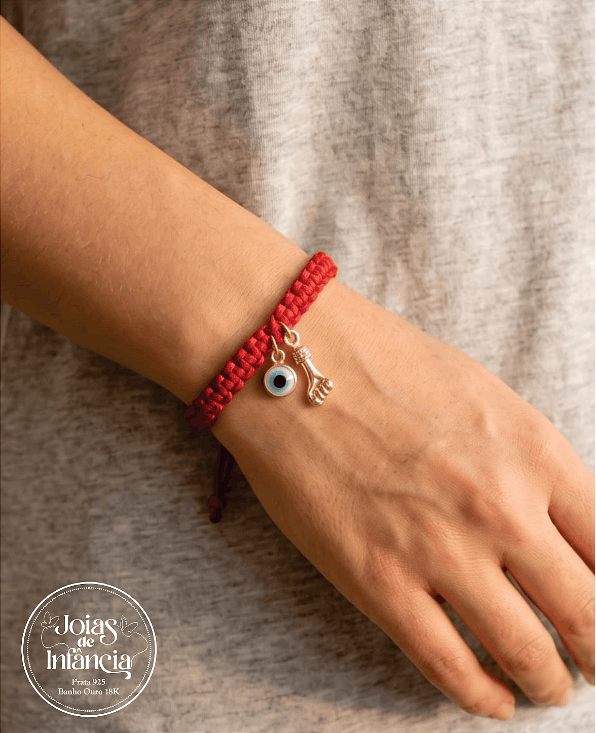 Pulseira Macramê com Figa e Olho Grego banhada Ouro 18k
