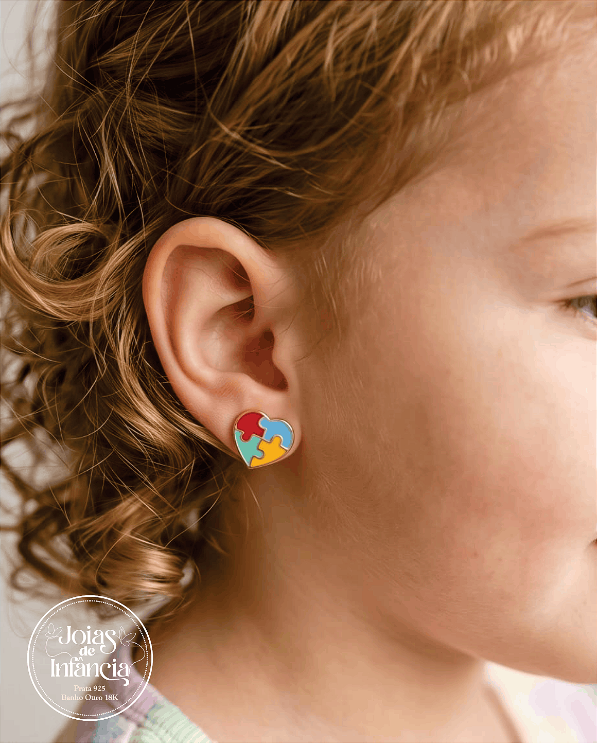 Conjunto coração quebra cabeça Autismo brinco e pulseira Semijoias
