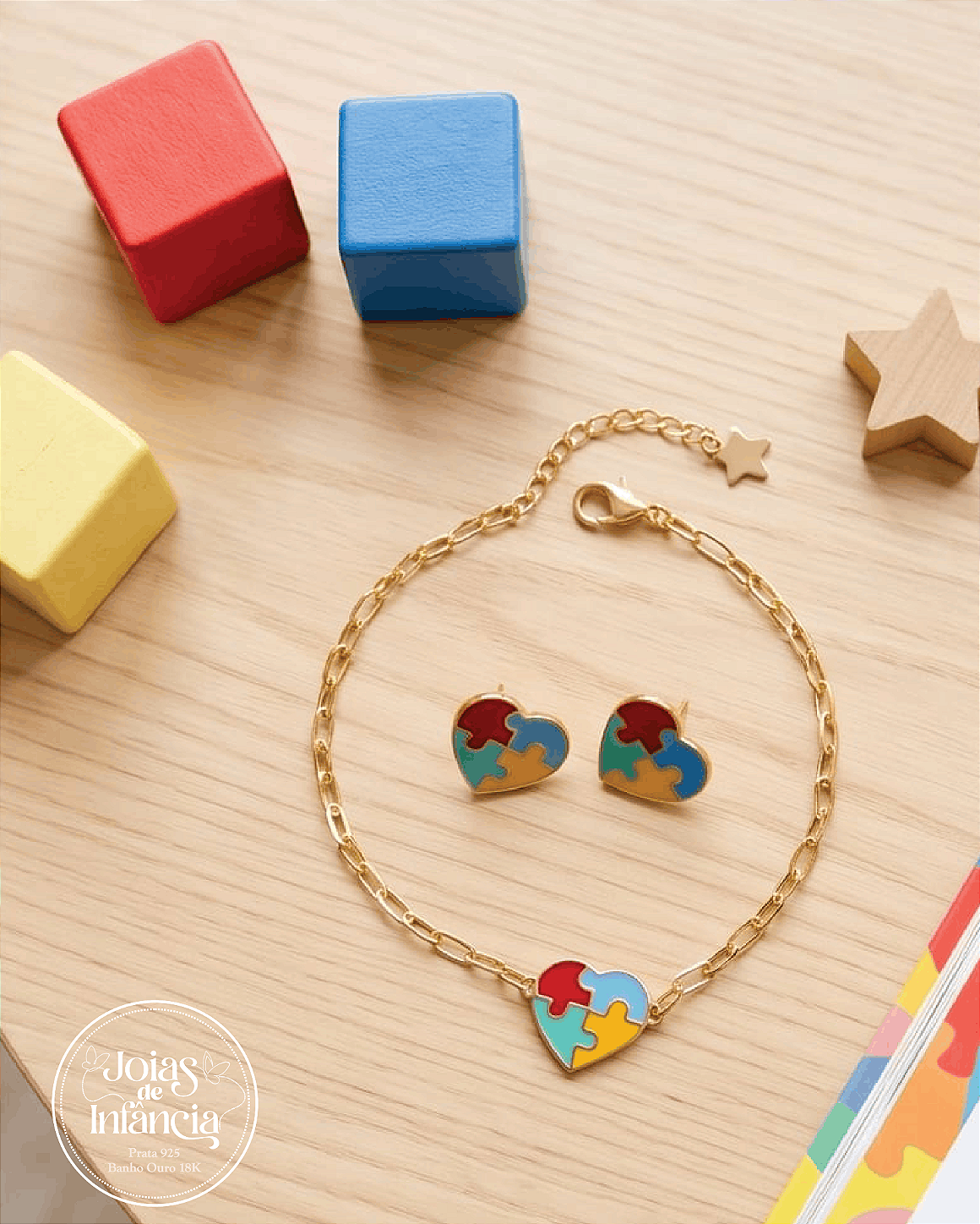 Conjunto coração quebra cabeça Autismo brinco e pulseira Semijoias