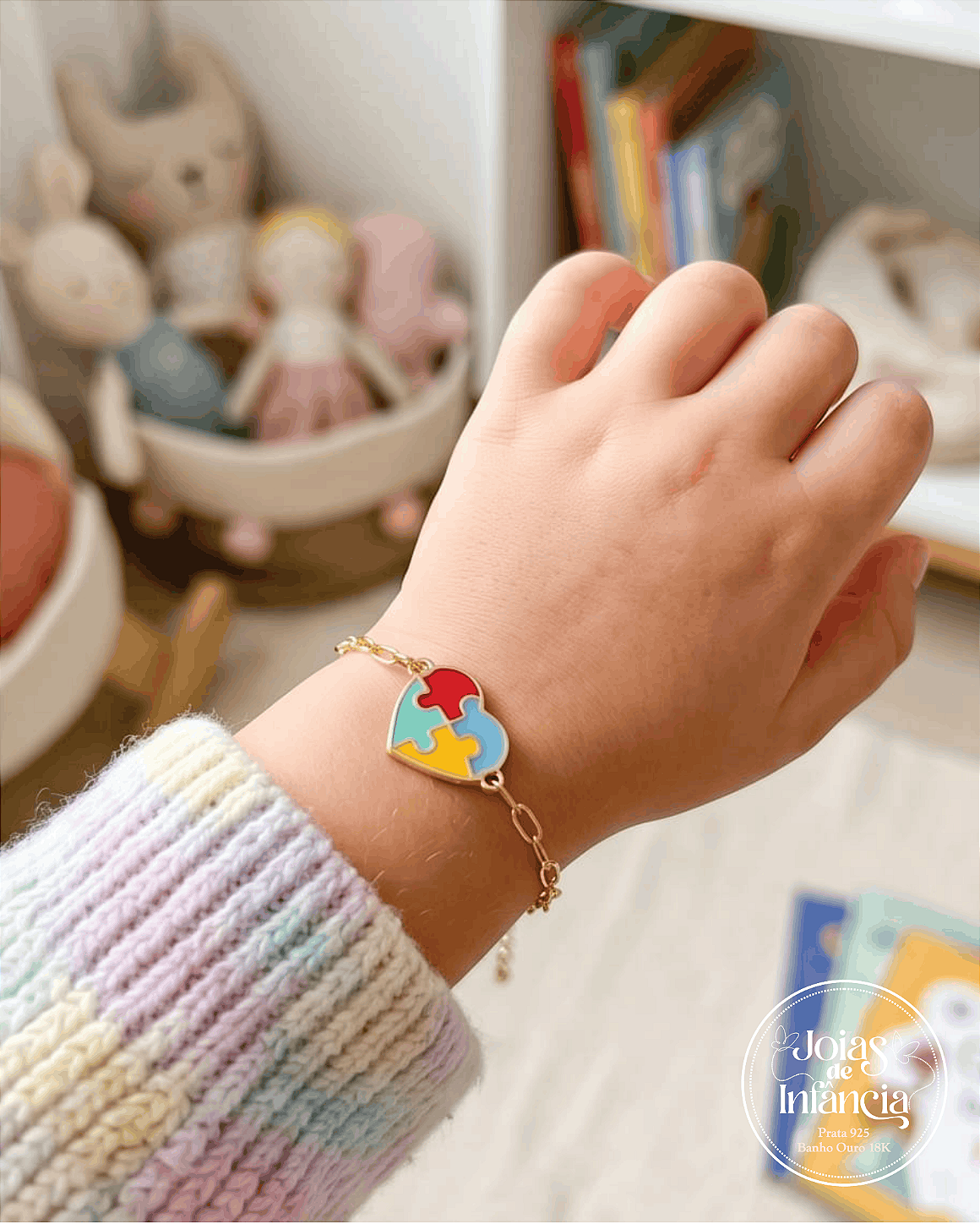 Conjunto coração quebra cabeça Autismo brinco e pulseira Semijoias