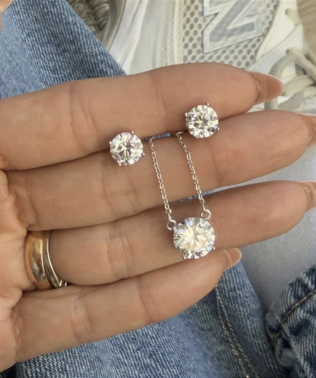 Conjunto Ponto de Luz Cristal Banho de Ródio Branco