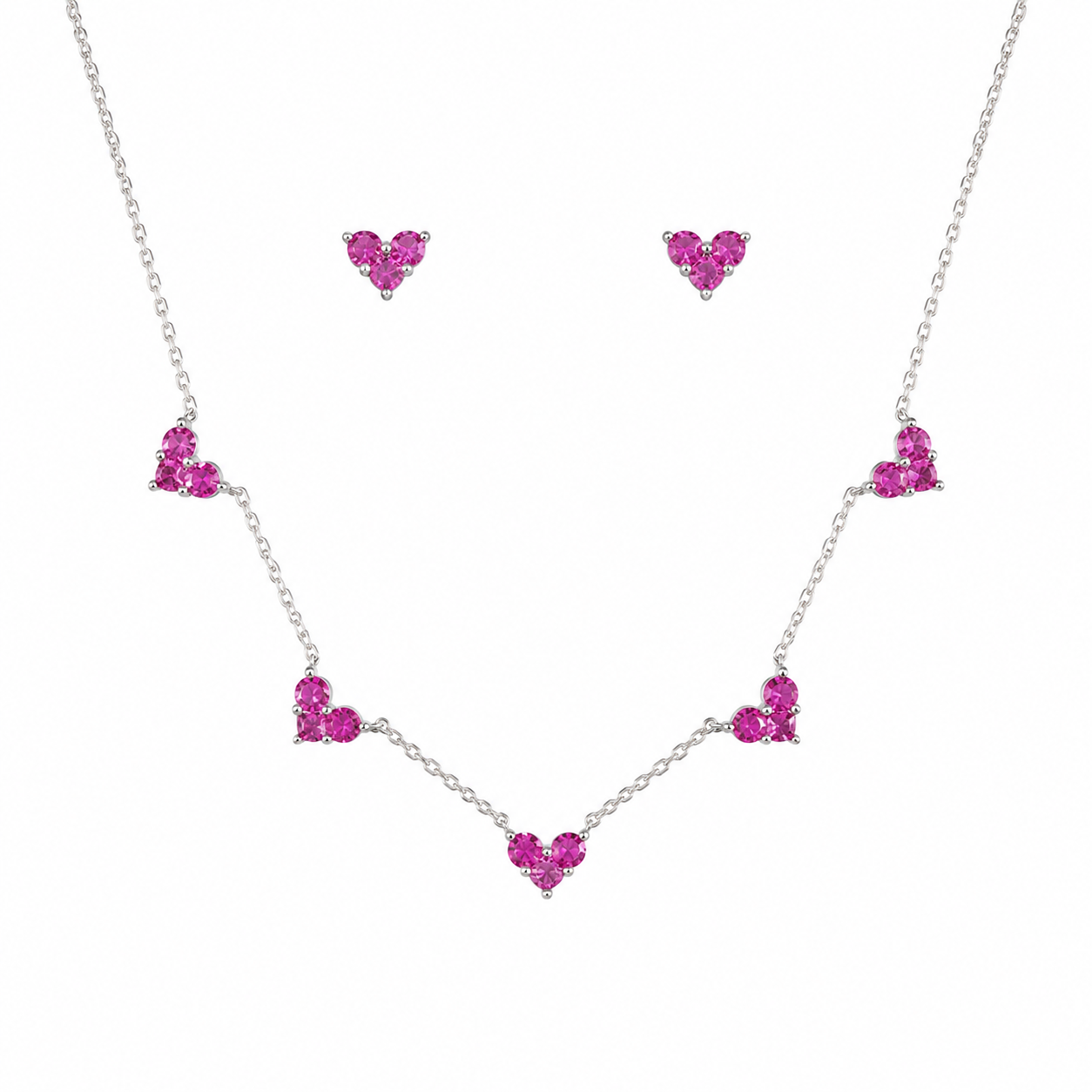 Conjunto Corações com Zircônia Banho de Ródio Branco – Pink