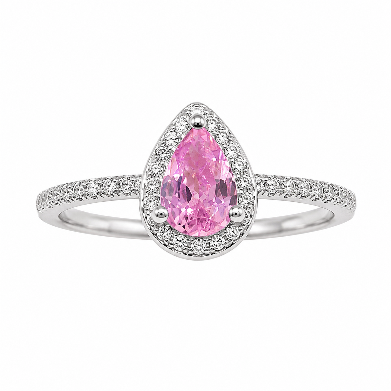 Anel Gota Rosa Zircônia Cristal Banho de Ródio Branco