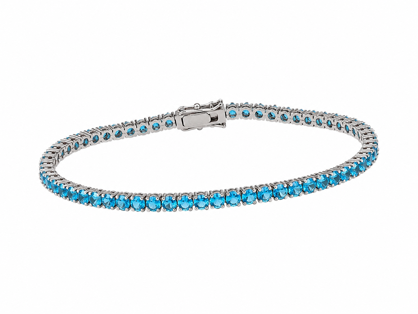 Pulseira Riviera 3 Pontas 3mm (Fecho Joia) Banho de Ródio Branco - Azul Celeste