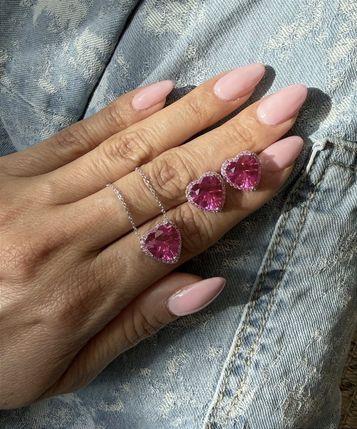 Conjunto Coração Banho de Ródio Branco - Pink