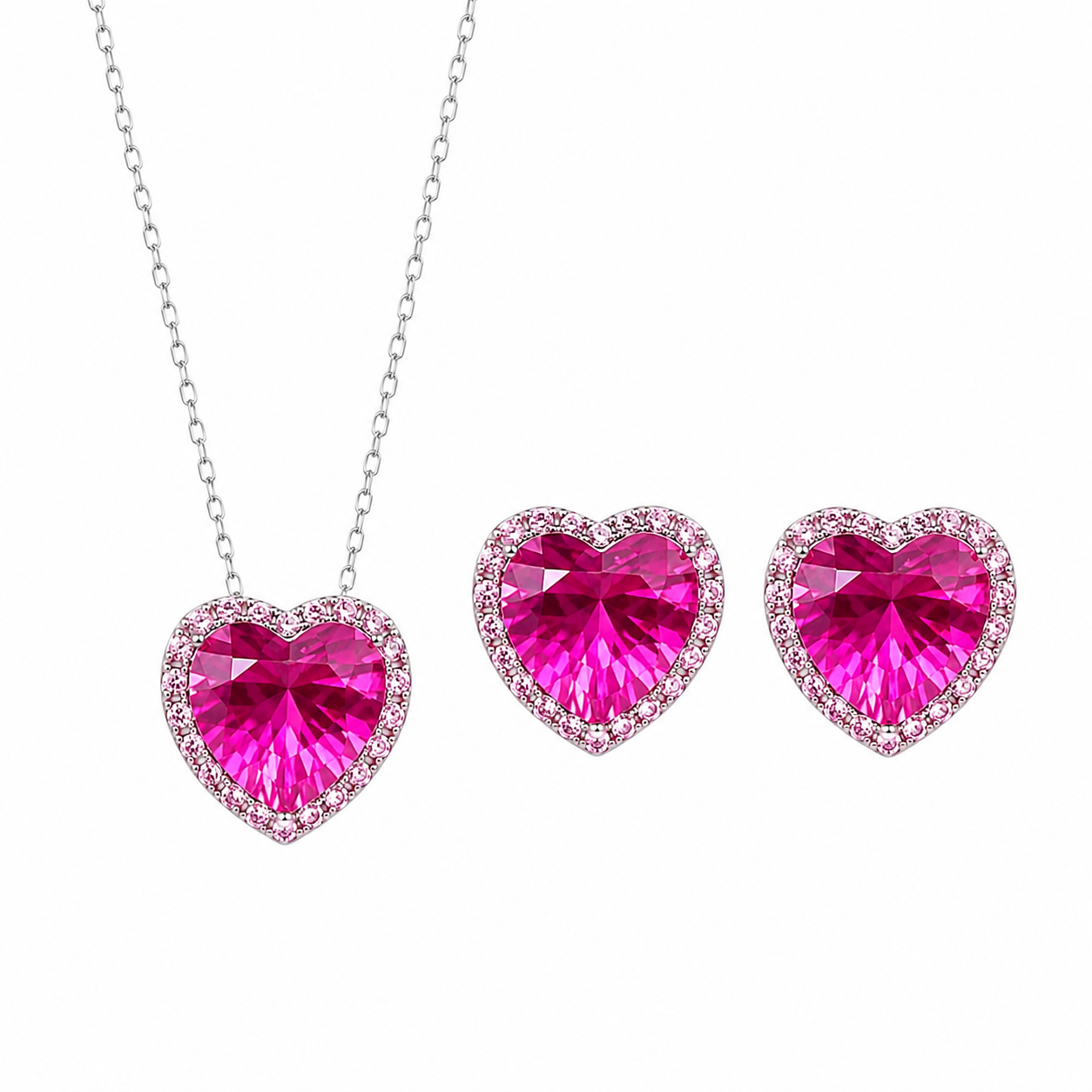 Conjunto Coração Banho de Ródio Branco - Pink