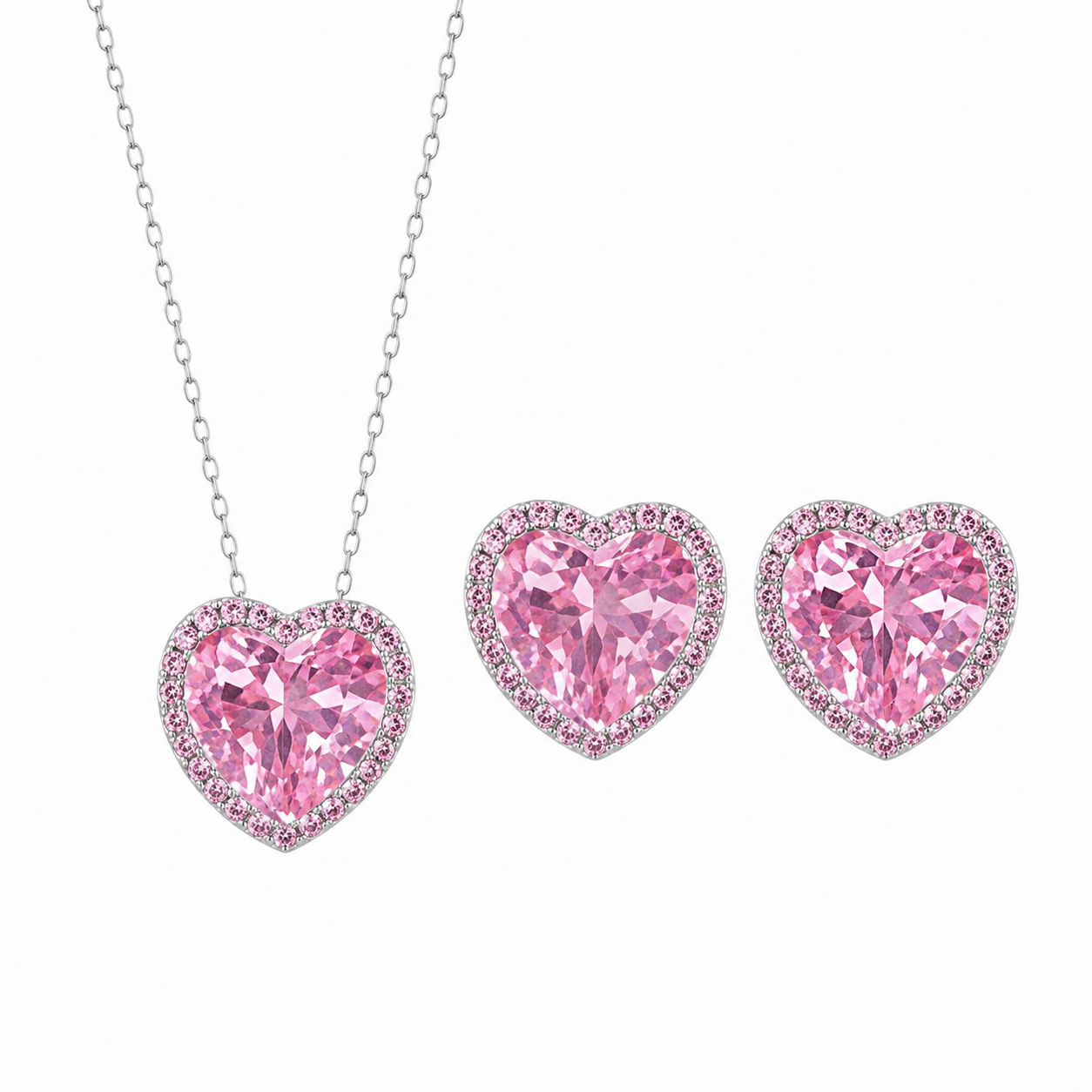 Conjunto Coração Banho de Ródio Branco - Rosa Claro