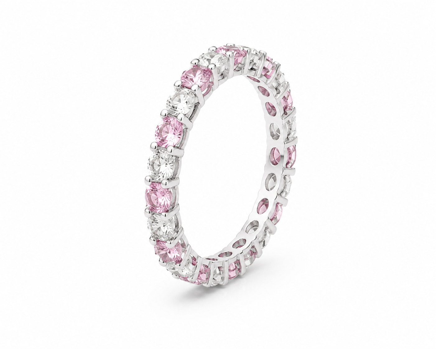 Anel Roliço com Zircônia Mista Banho de Ródio Branco - Cristal e Rosa Claro