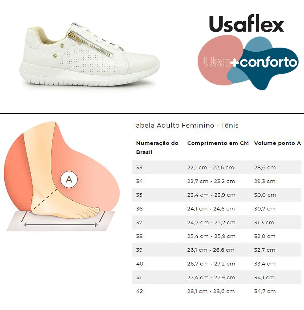 Tênis Casual Ortopédico Feminino UsaFlex Em Couro Original Palmilha Confortável Para Prevenir Dor Nos Pés