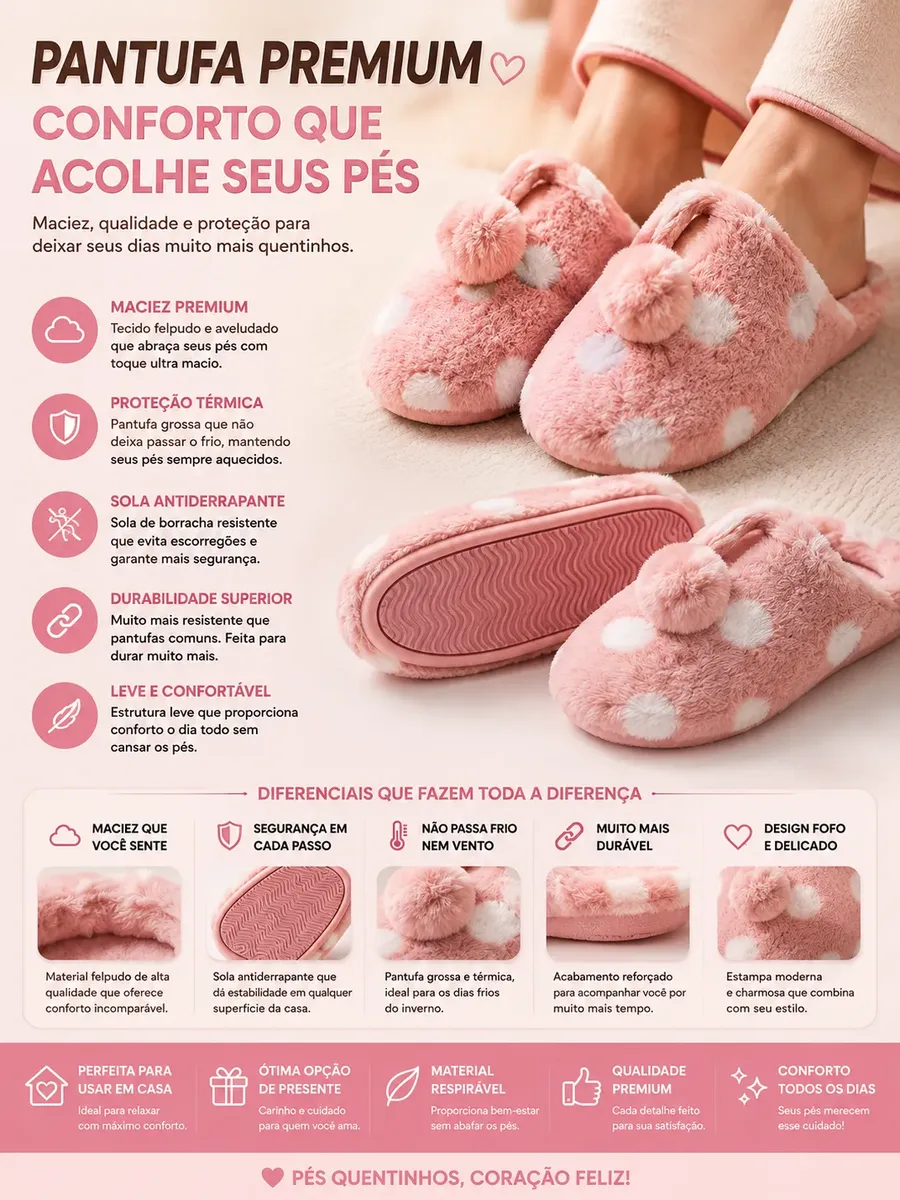 Pantufa Feminina Gasf Pompom Pantufa Quente Forrada Em Lã