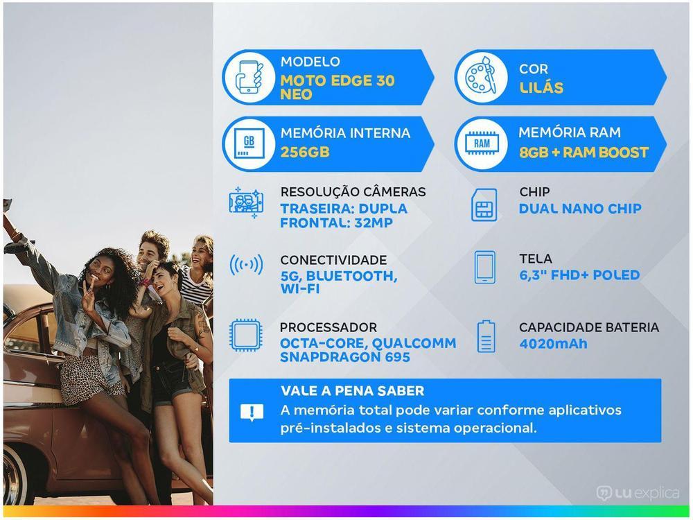 Smartphone Motorola Edge 30 Neo 256GB Lilás 5G Octa-Core 8GB RAM 6,3” Câm. Dupla