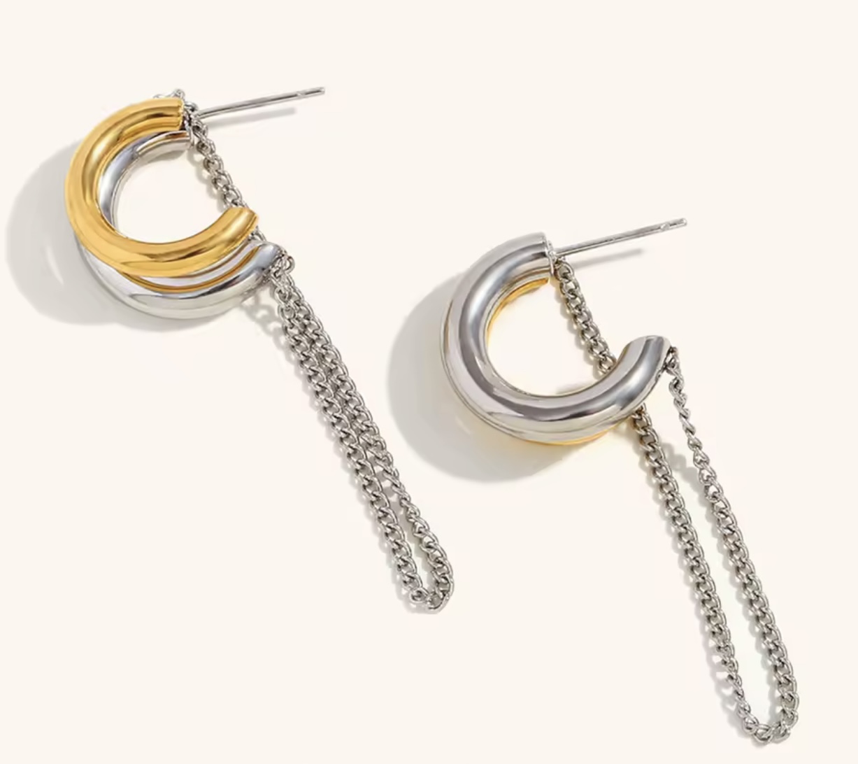 Brinco Franja Duo Bicolor Ouro e Prata