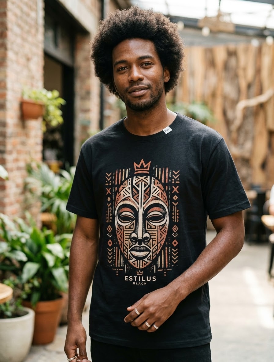 Camiseta Preta Estampa Máscara Africana Estilus Black