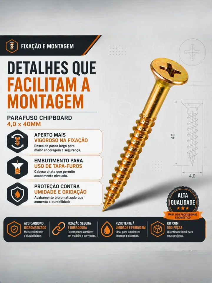 Parafuso Chipboard 4,0x40 Cabeça Chata Philips - Caixa com 500 Peças