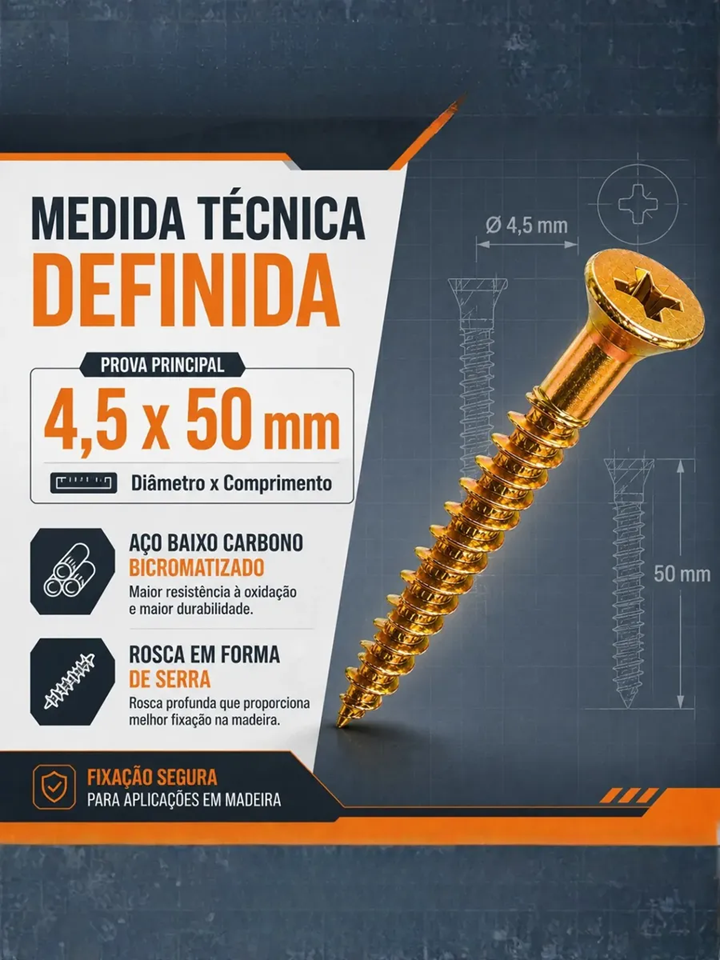Parafuso Chipboard 4,5x50 Cabeça Chata Philips - Caixa com 500 Peças