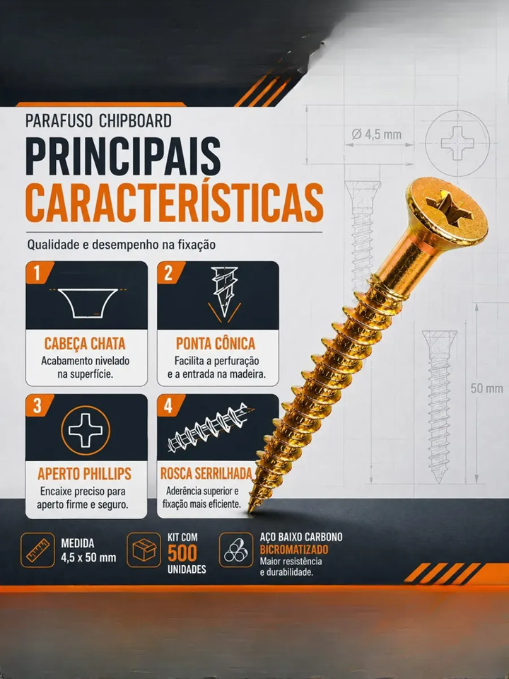 Parafuso Chipboard 4,5x50 Cabeça Chata Philips - Caixa com 500 Peças