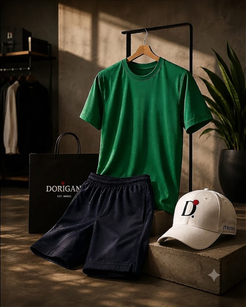 Kit Urban Green Premium Camiseta Dry Fit Verde + Shorts Tactel Azul-Marinho + Boné Branco