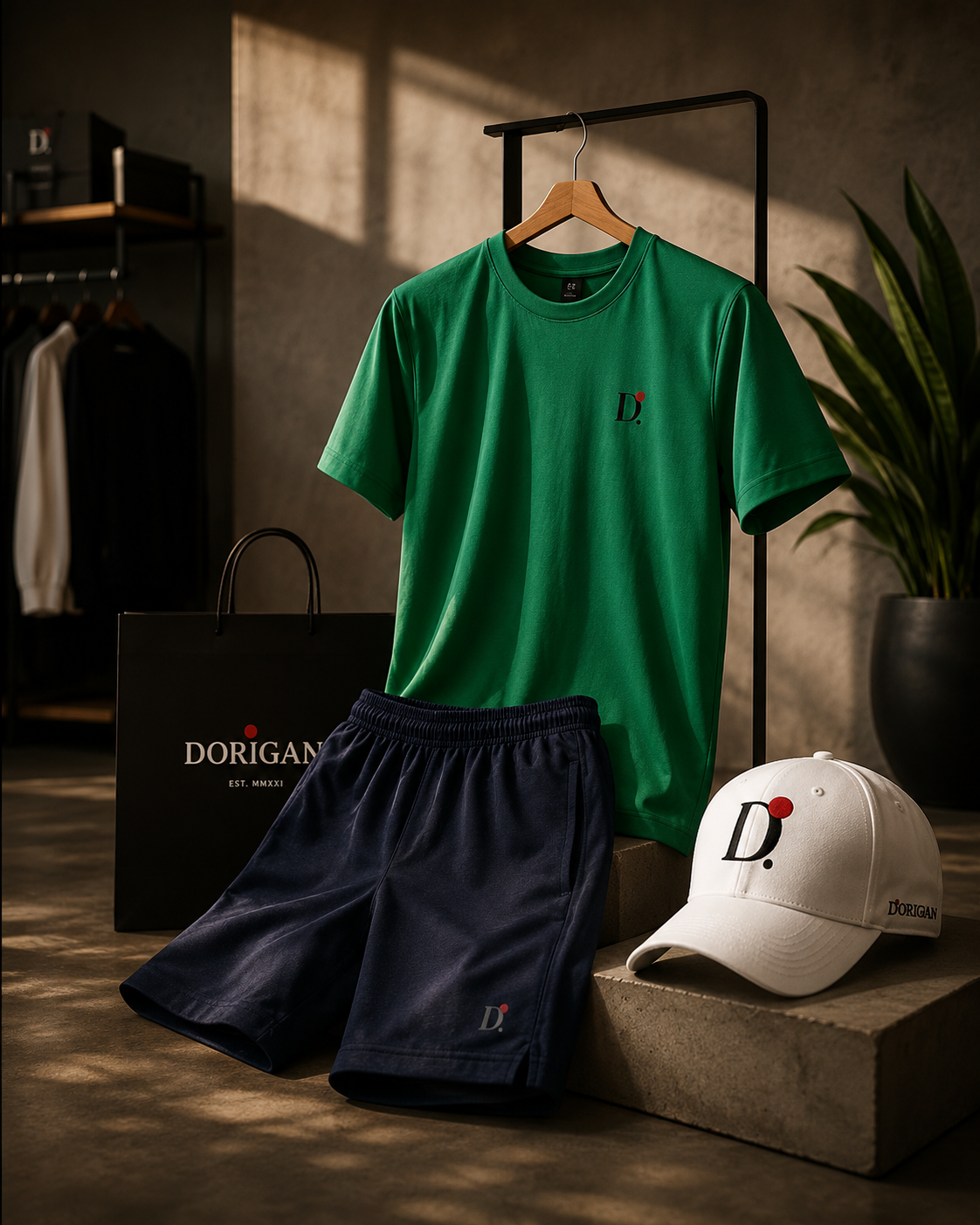 Kit Urban Green Premium D.ORIGAN® | Camiseta Dry Fit Verde + Shorts Tactel Azul-Marinho + Boné Branco