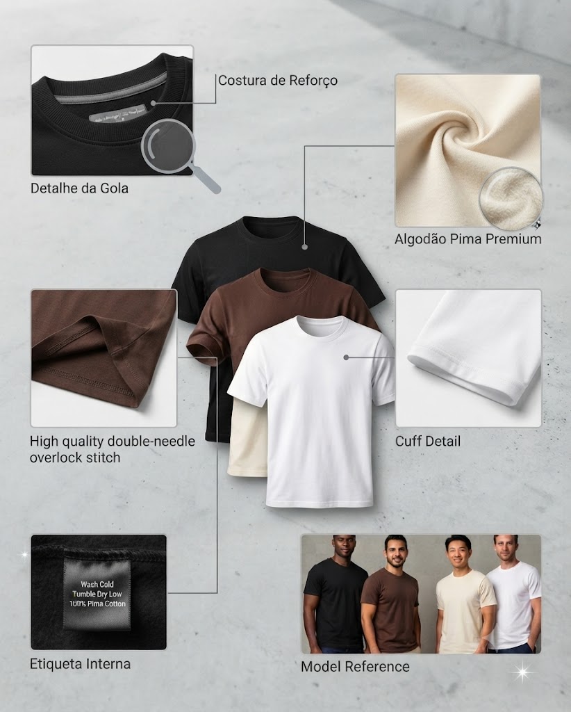 Kit Camisetas Premium (Preto, Marrom, Off-White e Branco)