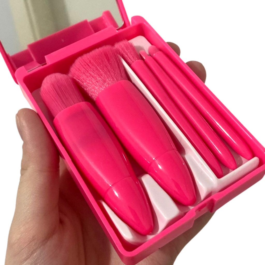 Kit de Mini Pincéis de Maquiagem para Bolsa com Estojo e Espelho (Rosa)