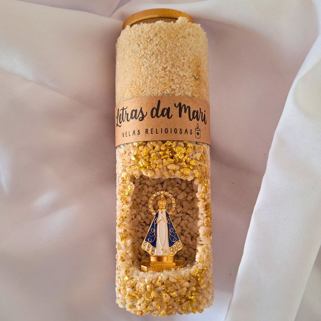 Vela refil - Nossa Senhora Aparecida - Offwhite com folha de ouro