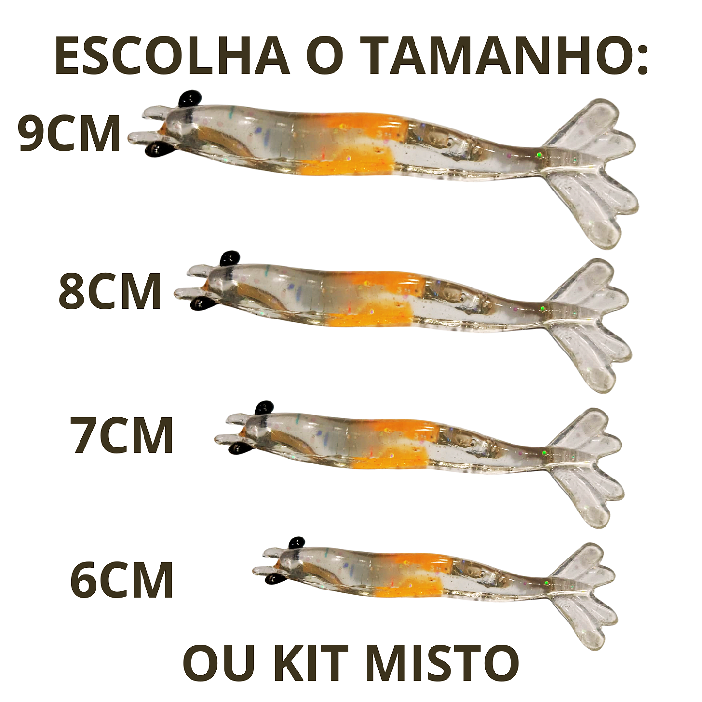 Kit Isca artificial 4 camarões Pescart Tamanhos mistos (6,7,8,9cm) silicone
