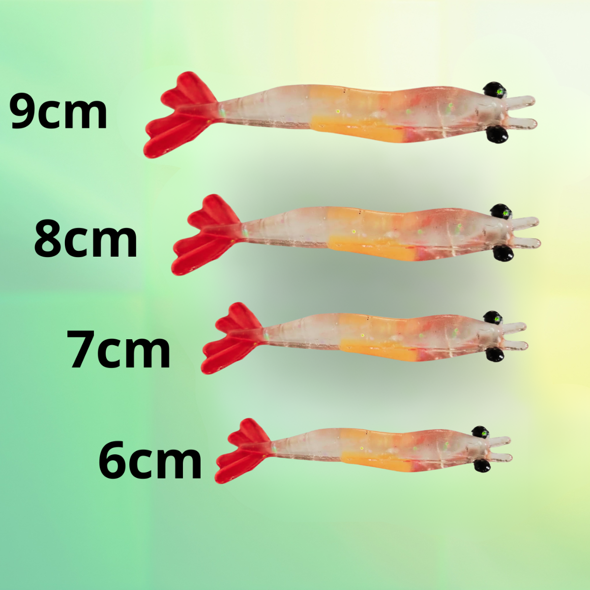 Kit Isca artificial 4 Camarões Red Tail Pescart Tamanhos mistos (6,7,8,9cm) silicone.