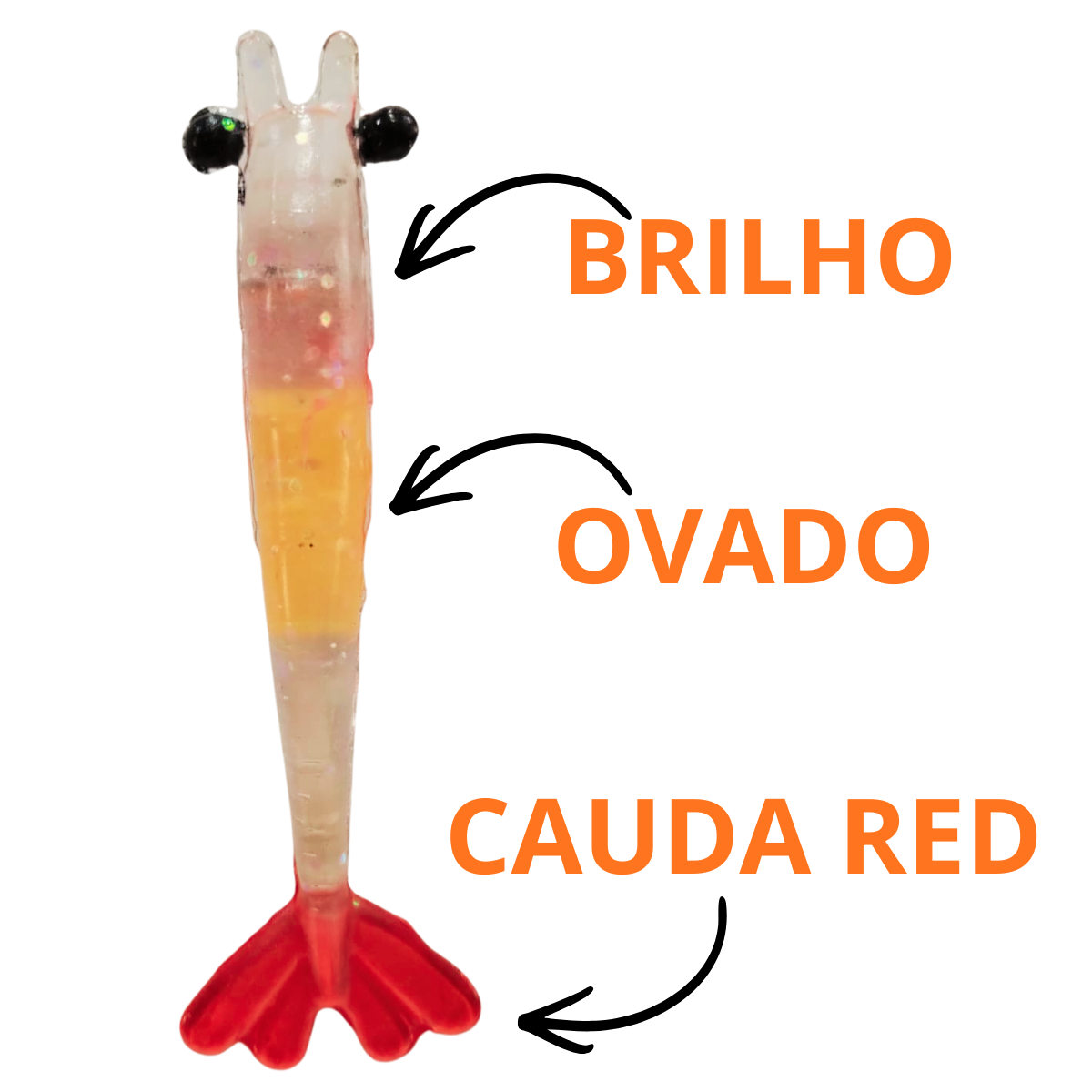 Kit Isca artificial 4 Camarões Red Tail Pescart Tamanhos mistos (6,7,8,9cm) silicone.