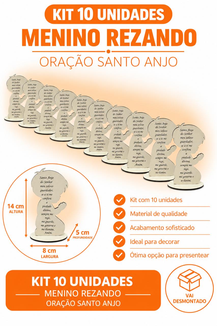 KIT 10 MENINO REZANDO ORAÇÃO SANTO ANJO MDF 3MM BRANC 14x8x5