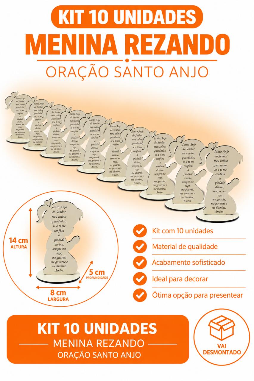 KIT 10 MENINA REZANDO ORAÇÃO SANTO ANJO MDF 3MM BRANC 14x8x5