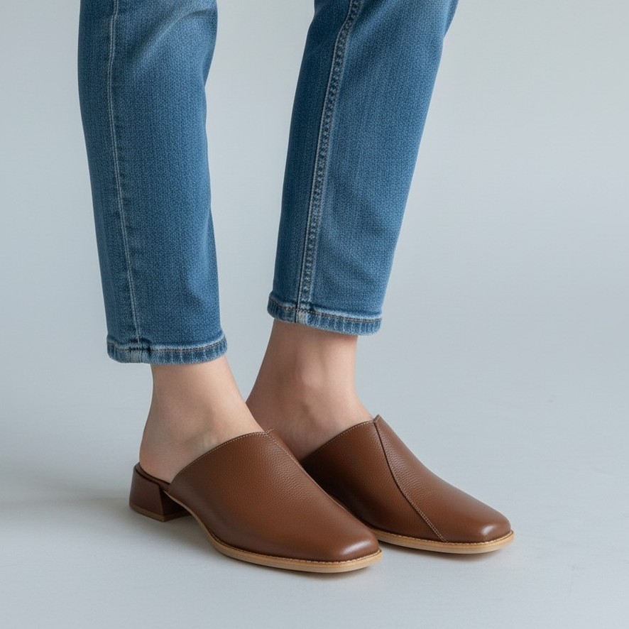 Babuche Feminino Casual Chic Couro Confortável Salto Bloco Baixo 3cm Palmilha Confort Pig