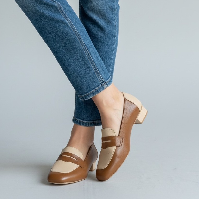 Mocassim Feminino em Couro Fly Premium Caramelo e Amêndoa Bico Quadrado Palmilha Comfort Pig Solado Antiderrapante